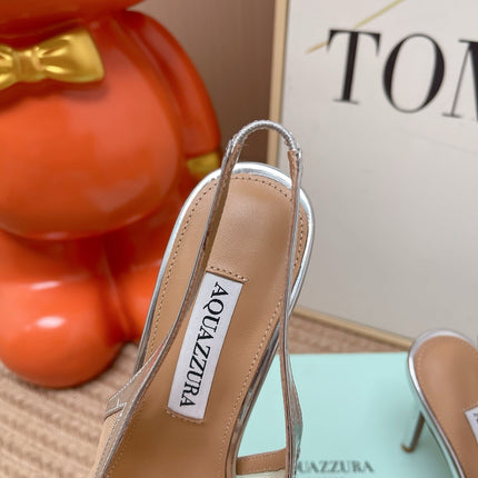 AQUAZZURA 26S POINTED-TOE SLINGBACK 105 MM IN SILVER LEATHER AND MESH CRYSTALS