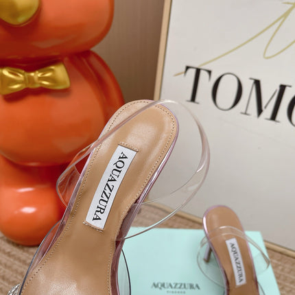 AQUAZZURA 26S SLINGBACK HEELS 105 MM IN METALLIC LEATHER AND CLEAR PVC CRYSTALS