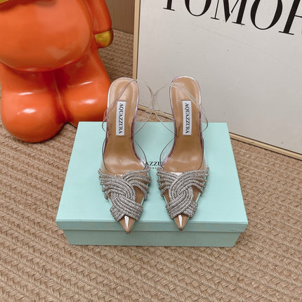 AQUAZZURA 26S SLINGBACK HEELS 105 MM IN METALLIC LEATHER AND CLEAR PVC CRYSTALS