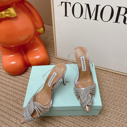 AQUAZZURA 26S SLINGBACK HEELS 105 MM IN METALLIC LEATHER AND CLEAR PVC CRYSTALS