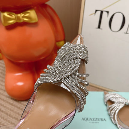 AQUAZZURA 26S SLINGBACK HEELS 105 MM IN METALLIC LEATHER AND CLEAR PVC CRYSTALS