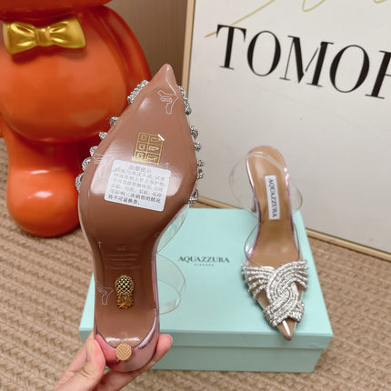 AQUAZZURA 26S SLINGBACK HEELS 105 MM IN METALLIC LEATHER AND CLEAR PVC CRYSTALS