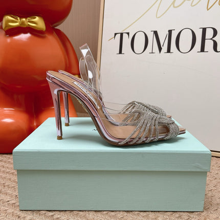 AQUAZZURA 26S SLINGBACK HEELS 105 MM IN METALLIC LEATHER AND CLEAR PVC CRYSTALS