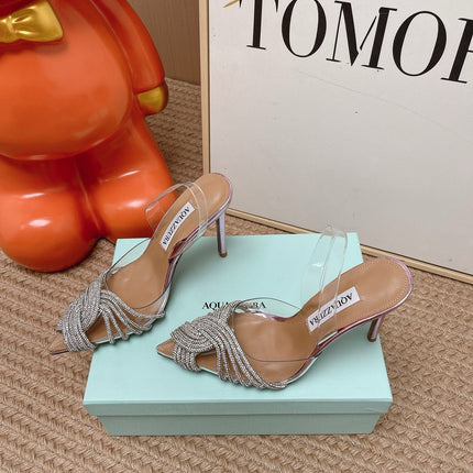 AQUAZZURA 26S SLINGBACK HEELS 105 MM IN METALLIC LEATHER AND CLEAR PVC CRYSTALS