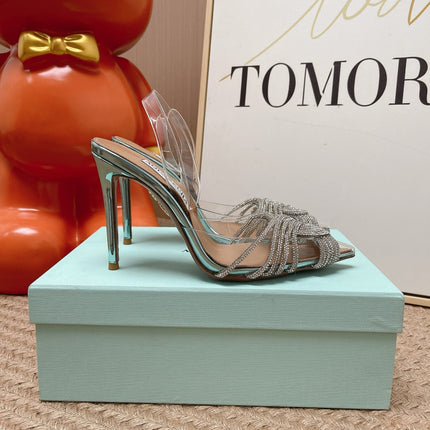 AQUAZZURA 26S SLINGBACK HEELS 105 MM IN SILVER LEATHER AND CLEAR PVC CRYSTALS