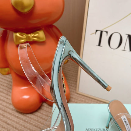 AQUAZZURA 26S SLINGBACK HEELS 105 MM IN SILVER LEATHER AND CLEAR PVC CRYSTALS