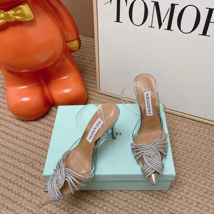 AQUAZZURA 26S SLINGBACK HEELS 105 MM IN SILVER LEATHER AND CLEAR PVC CRYSTALS