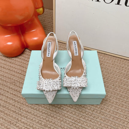 AQUAZZURA 26S SLINGBACK HEELS 100 MM IN WHITE MESH PEARL EMBELLISHED