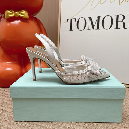 AQUAZZURA 26S SLINGBACK HEELS 100 MM IN WHITE MESH PEARL EMBELLISHED