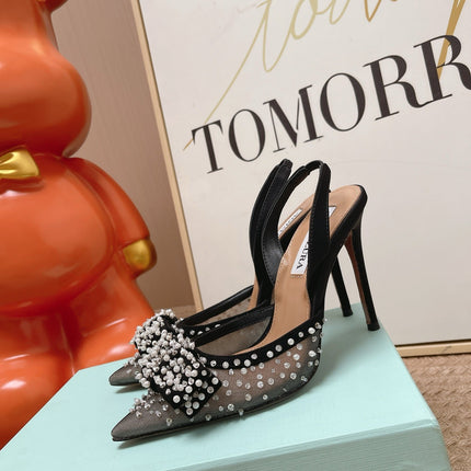 AQUAZZURA 26S SLINGBACK HEELS 100 MM IN BLACK MESH PEARL EMBELLISHED