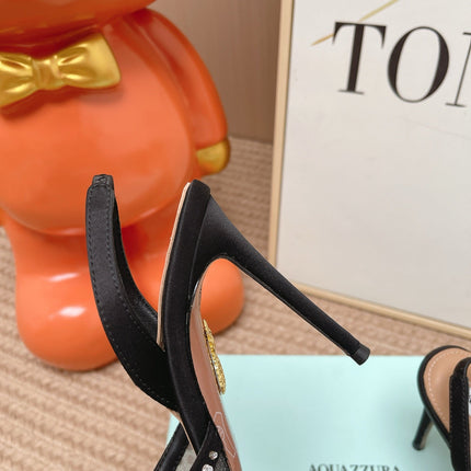 AQUAZZURA 26S SLINGBACK HEELS 100 MM IN BLACK MESH PEARL EMBELLISHED