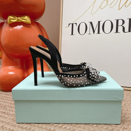 AQUAZZURA 26S SLINGBACK HEELS 100 MM IN BLACK MESH PEARL EMBELLISHED