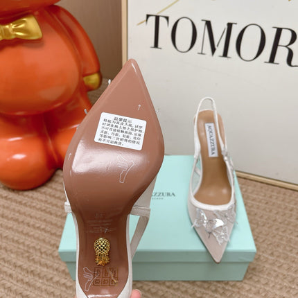 AQUAZZURA 26S BUTTERFLY SLINGBACK HEELS 80 MM IN WHITE MESH AND SUEDE