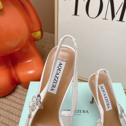 AQUAZZURA 26S BUTTERFLY SLINGBACK HEELS 80 MM IN WHITE MESH AND SUEDE