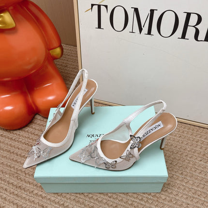 AQUAZZURA 26S BUTTERFLY SLINGBACK HEELS 80 MM IN WHITE MESH AND SUEDE