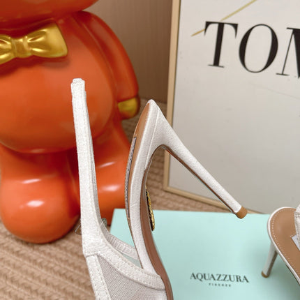 AQUAZZURA 26S BUTTERFLY SLINGBACK HEELS 80 MM IN WHITE MESH AND SUEDE