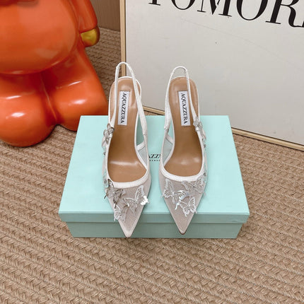 AQUAZZURA 26S BUTTERFLY SLINGBACK HEELS 80 MM IN WHITE MESH AND SUEDE