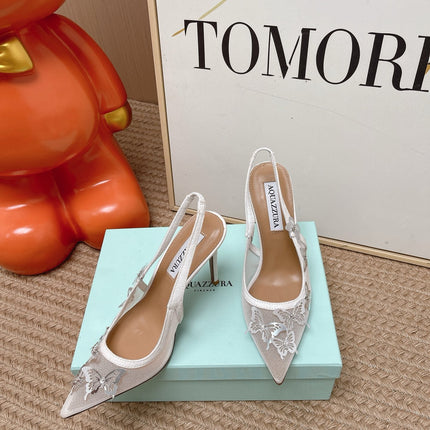 AQUAZZURA 26S BUTTERFLY SLINGBACK HEELS 80 MM IN WHITE MESH AND SUEDE