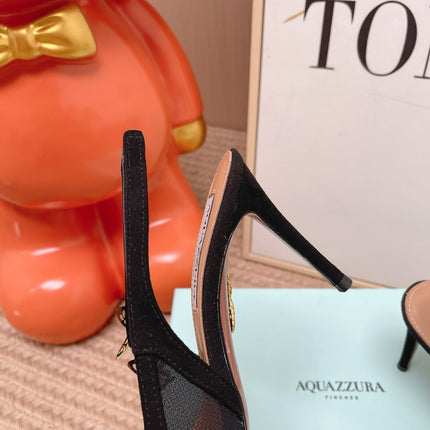 AQUAZZURA 26S BUTTERFLY SLINGBACK HEELS 80 MM IN BLACK MESH AND SUEDE