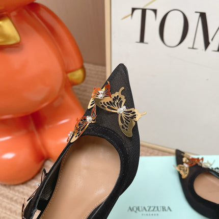 AQUAZZURA 26S BUTTERFLY SLINGBACK HEELS 80 MM IN BLACK MESH AND SUEDE