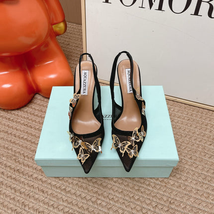 AQUAZZURA 26S BUTTERFLY SLINGBACK HEELS 80 MM IN BLACK MESH AND SUEDE