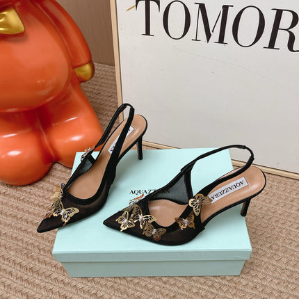 AQUAZZURA 26S BUTTERFLY SLINGBACK HEELS 80 MM IN BLACK MESH AND SUEDE