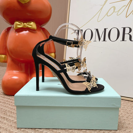 AQUAZZURA 26S BUTTERFLY HEELED SANDALS 100 MM IN BLACK SUEDE