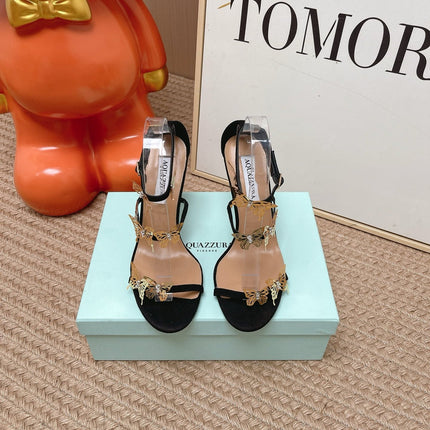AQUAZZURA 26S BUTTERFLY HEELED SANDALS 100 MM IN BLACK SUEDE