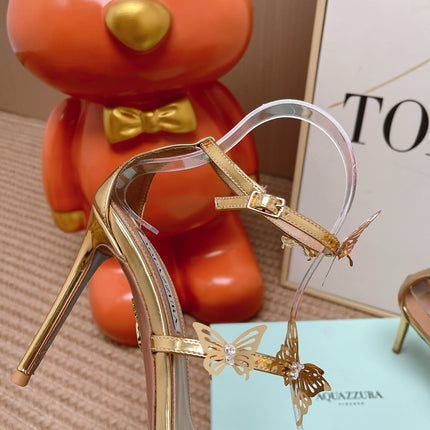 AQUAZZURA 26S BUTTERFLY HEELED SANDALS 100 MM IN GOLD CALFSKIN
