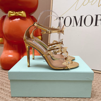 AQUAZZURA 26S BUTTERFLY HEELED SANDALS 100 MM IN GOLD CALFSKIN