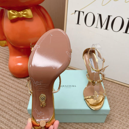 AQUAZZURA 26S BUTTERFLY HEELED SANDALS 100 MM IN GOLD CALFSKIN