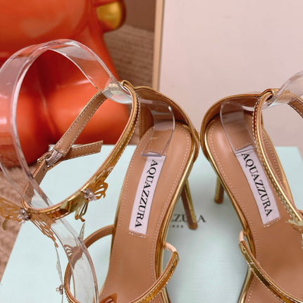 AQUAZZURA 26S BUTTERFLY HEELED SANDALS 100 MM IN GOLD CALFSKIN