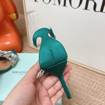 AQUAZZURA 26S HIGH-HEEL SANDALS 85 MM IN EMERALD GREEN SATIN & CRYSTALS