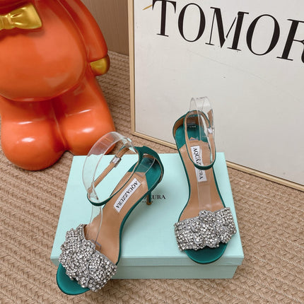 AQUAZZURA 26S HIGH-HEEL SANDALS 85 MM IN EMERALD GREEN SATIN & CRYSTALS