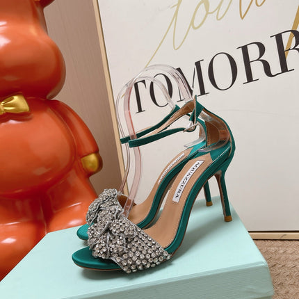 AQUAZZURA 26S HIGH-HEEL SANDALS 85 MM IN EMERALD GREEN SATIN & CRYSTALS
