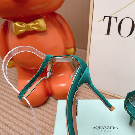 AQUAZZURA 26S HIGH-HEEL SANDALS 85 MM IN EMERALD GREEN SATIN & CRYSTALS