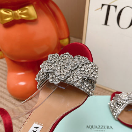 AQUAZZURA 26S HIGH-HEEL SANDALS 85 MM IN RED SATIN & CRYSTALS