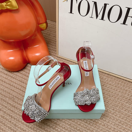 AQUAZZURA 26S HIGH-HEEL SANDALS 85 MM IN RED SATIN & CRYSTALS