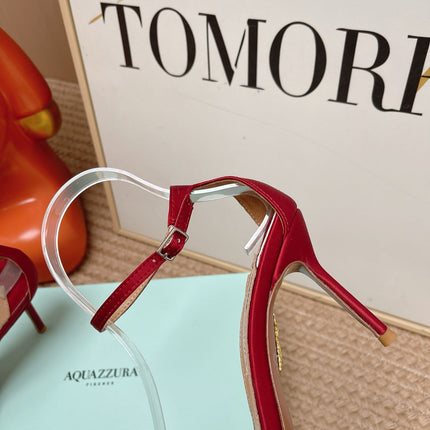 AQUAZZURA 26S HIGH-HEEL SANDALS 85 MM IN RED SATIN & CRYSTALS