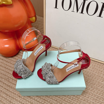 AQUAZZURA 26S HIGH-HEEL SANDALS 85 MM IN RED SATIN & CRYSTALS
