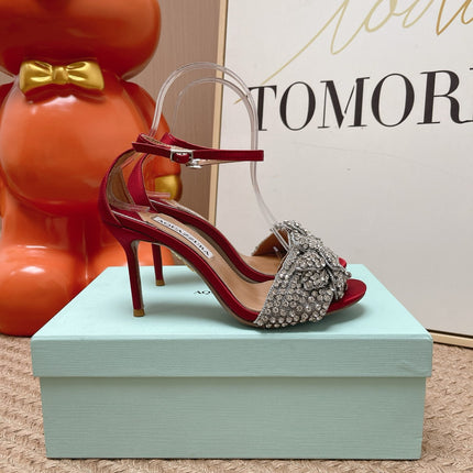 AQUAZZURA 26S HIGH-HEEL SANDALS 85 MM IN RED SATIN & CRYSTALS