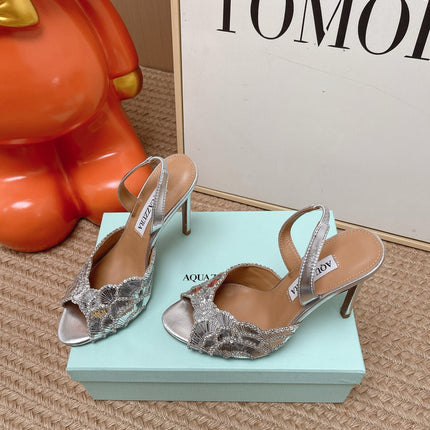 AQUAZZURA 26S GATSBY SLING PUMPS 105 MM IN SILVER SEQUINED