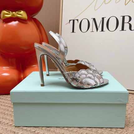 AQUAZZURA 26S GATSBY SLING PUMPS 105 MM IN SILVER SEQUINED