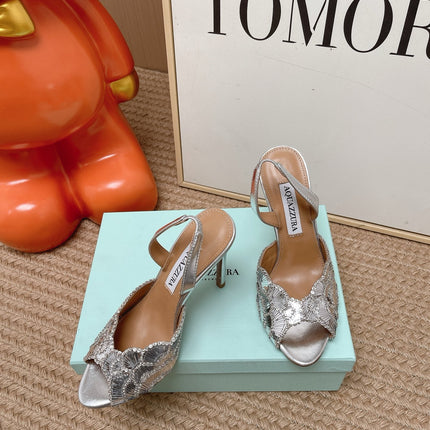 AQUAZZURA 26S GATSBY SLING PUMPS 105 MM IN SILVER SEQUINED