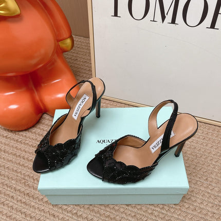 AQUAZZURA 26S GATSBY SLING PUMPS 105 MM IN BLACK SEQUINED