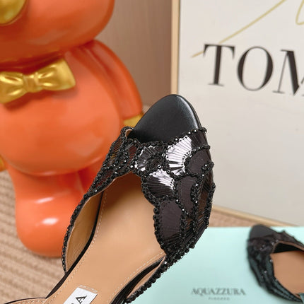 AQUAZZURA 26S GATSBY SLING PUMPS 105 MM IN BLACK SEQUINED