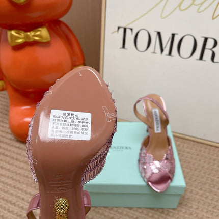 AQUAZZURA 26S GATSBY SLING PUMPS 105 MM IN METALLIC PINK SEQUINED
