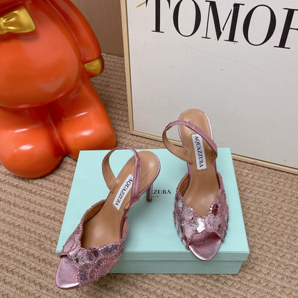 AQUAZZURA 26S GATSBY SLING PUMPS 105 MM IN METALLIC PINK SEQUINED