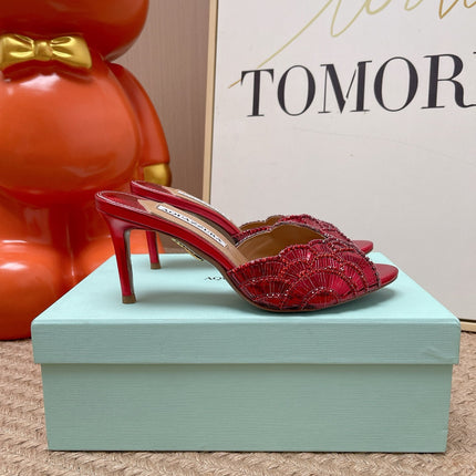 AQUAZZURA 26S GATSBY MULES 105 MM IN RED SEQUINED