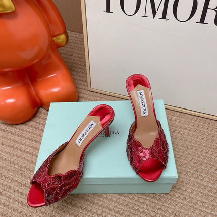 AQUAZZURA 26S GATSBY MULES 105 MM IN RED SEQUINED